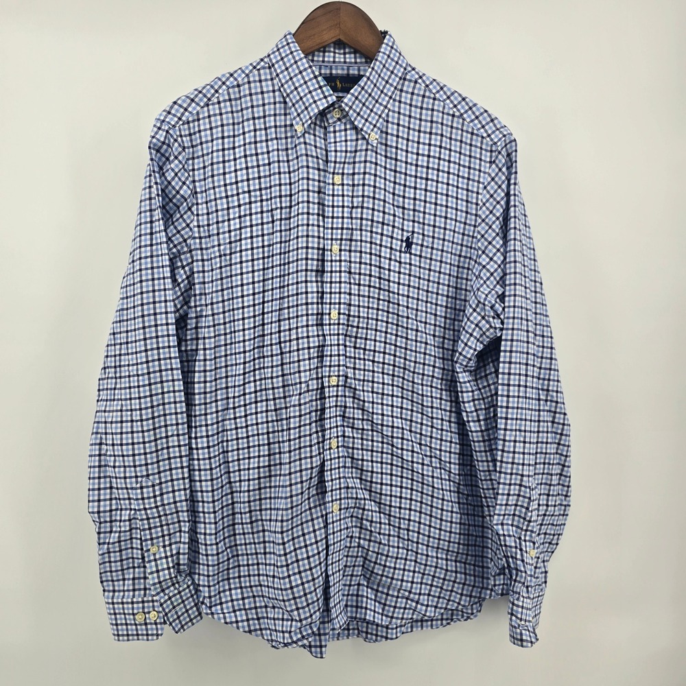 Ralph Lauren Mens Large Blue Gingham Plaid Non-Iron Button Down Shirt LS - Picture 2 of 6